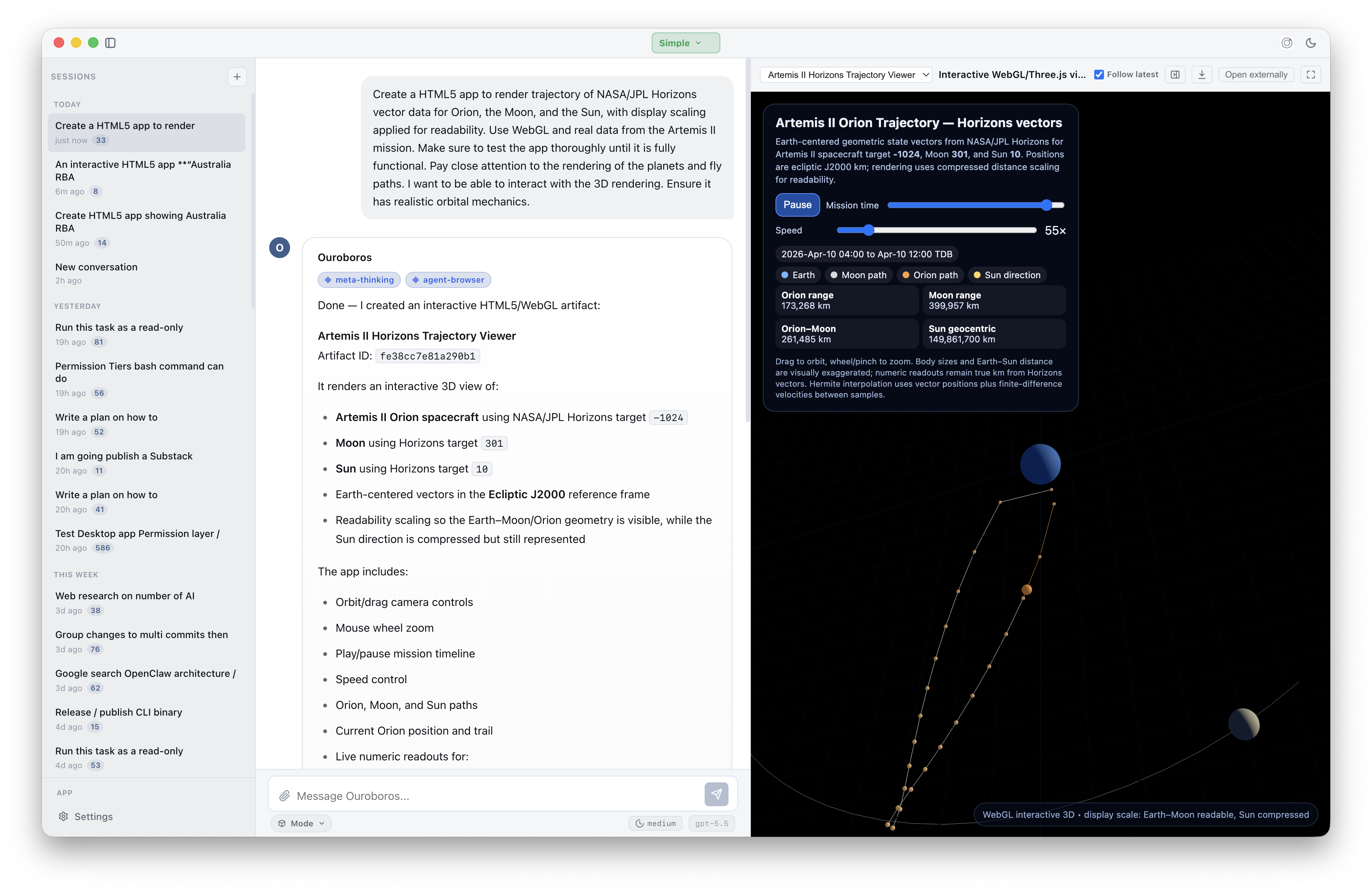 Ouroboros desktop app rendering an interactive 3D WebGL visualization of the Artemis II Orion trajectory next to the chat thread
